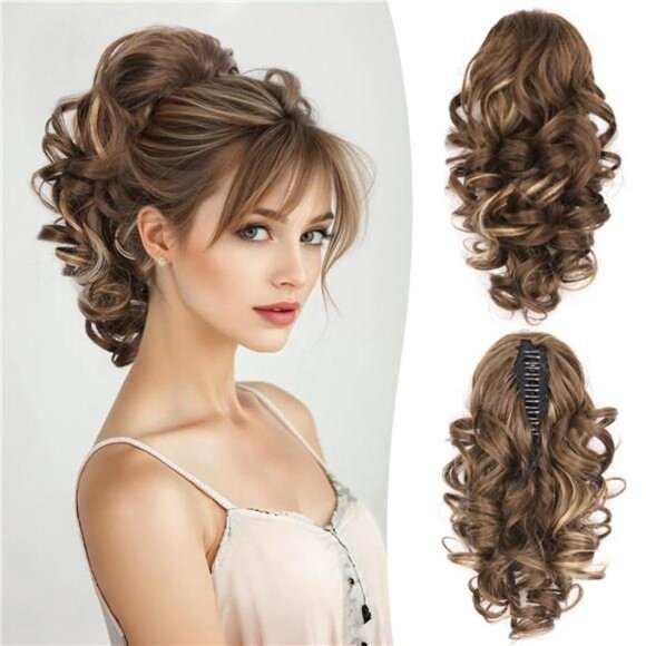Long Curly Wavy Ponytail Extensions Chestnut Brown With Golden